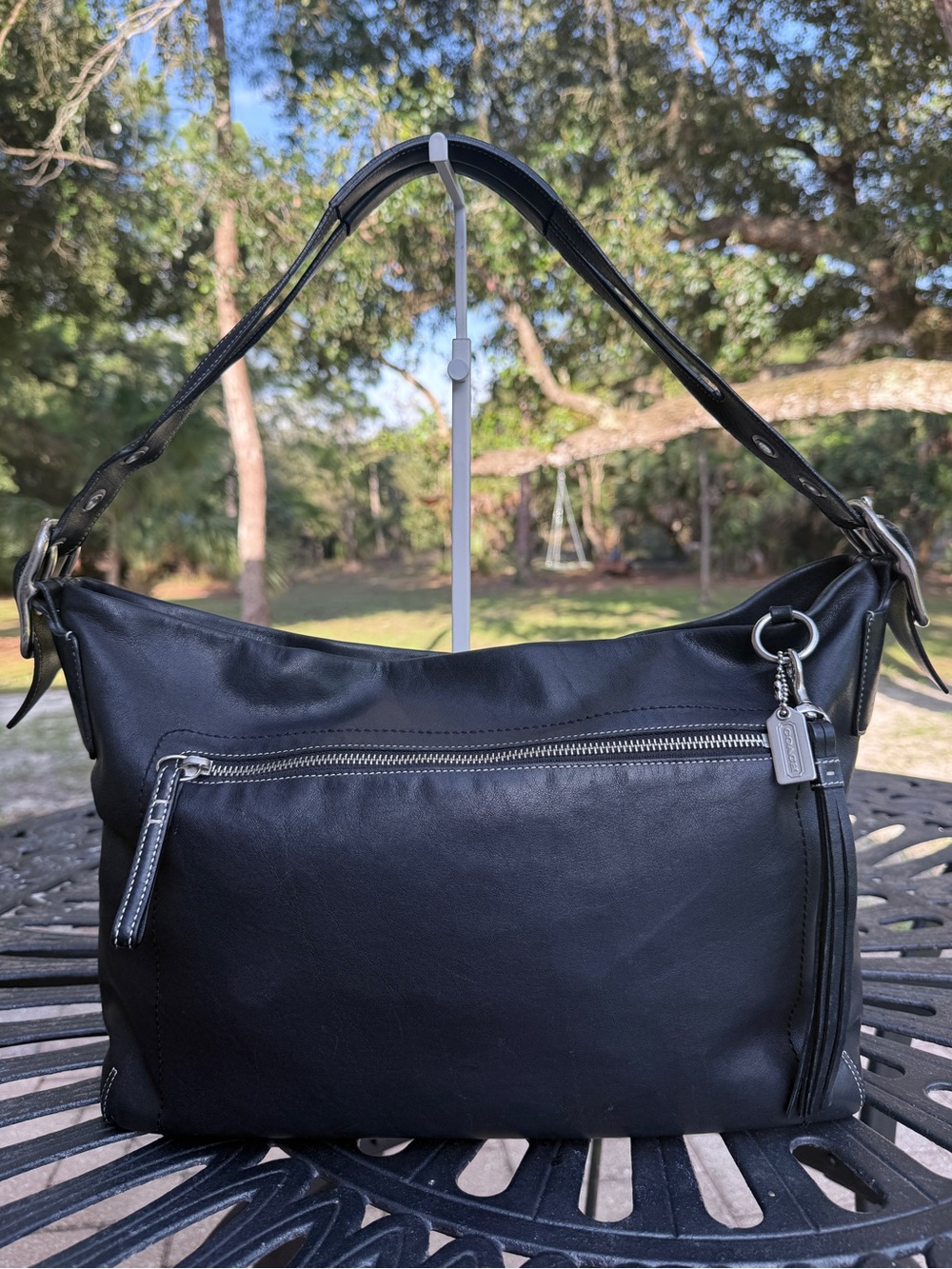 Vintage Coach Black Leather Legacy East West Duffle Hobo Bag 1416